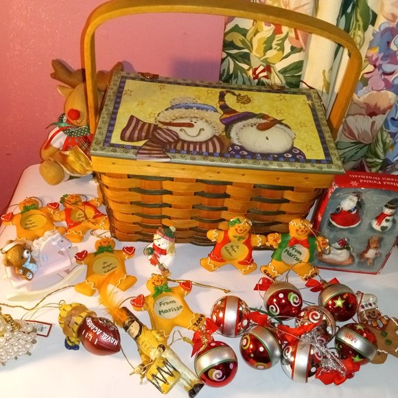 CHRISTMAS TREASURE BASKET FILLED WITH ORNAMENTS - Picture 1 of 15